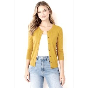 LOFT Mustard Yellow Pima Cotton Crew Neck Button Front Cardigan Sweater M 100-05